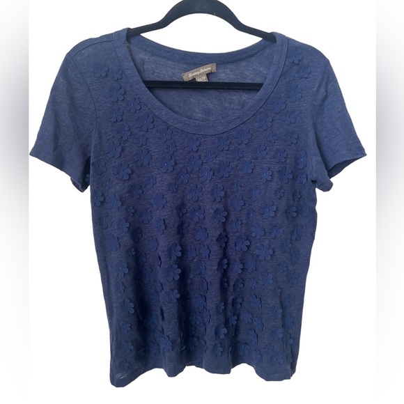 Tommy Bahama Navy Blouse With Flowers Size XS 100% linen - Picture 1 of 5